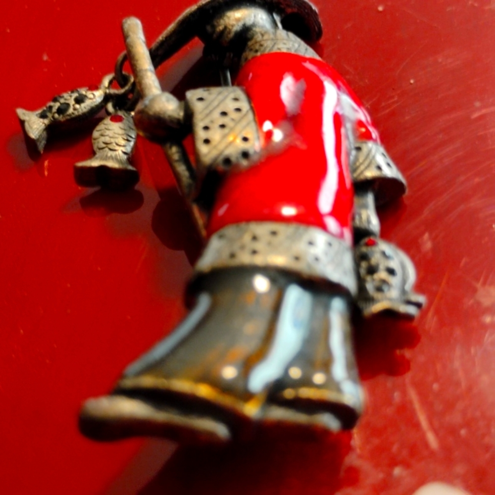 Chicos Japanese fisherman  brooch with red enamel and dangling fish